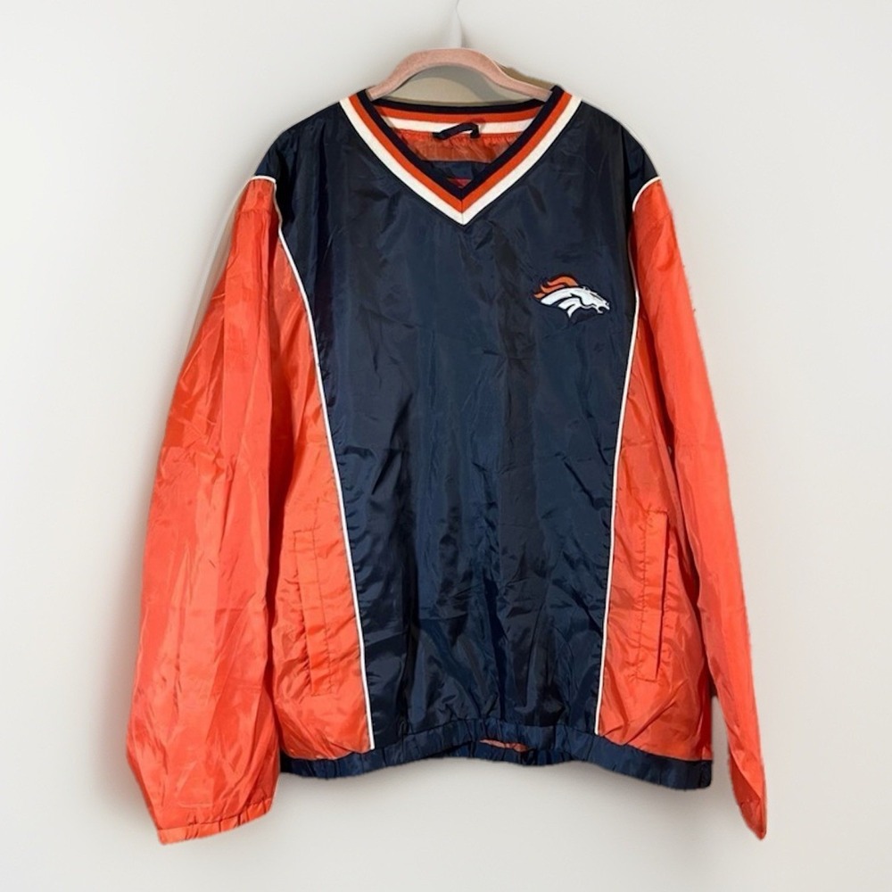 NFL Denver Broncos Football Mens‎ XL Windbreaker Jacket Pullover V-Neck Pockets